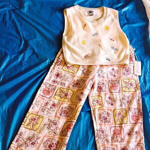 LINEN PRINT STRAIGHT-LEGGED PANTS & COORDINATED EMBROIDERED KNIT TOP, LARGE, NWT